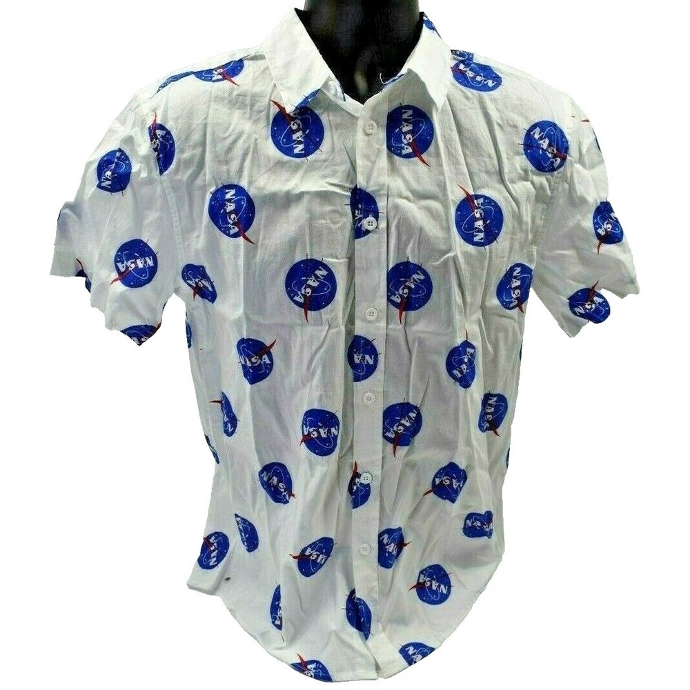 NASA Men Size L Button Up Shirt Short Sleeve White Blue Logo‎ Print NWOT Casual